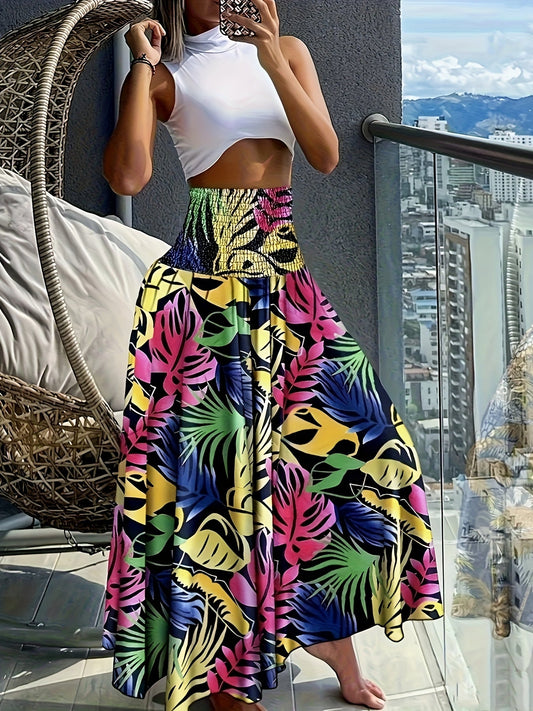 Falda larga de talle alto bohemia para mujer con estampados tropicales para el verano
