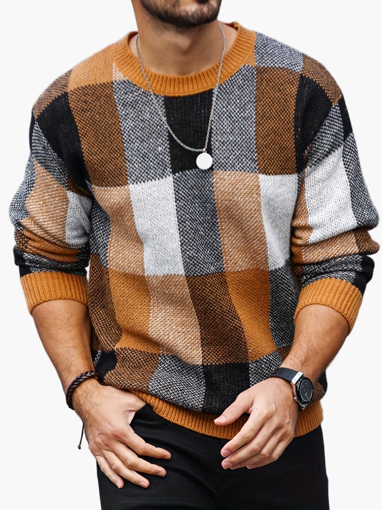 Pull décontracté à carreaux homme style automne/hiver col rond