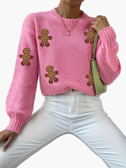Pull femme style décontracté motif bonhomme pain d'épices pour automne-hiver