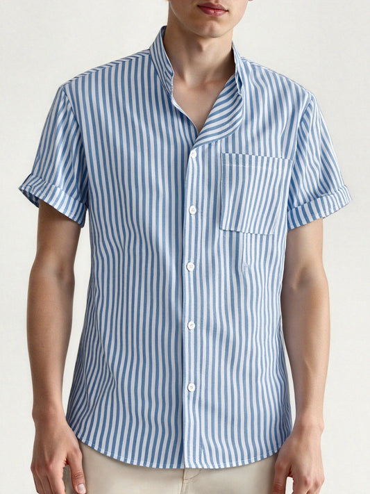 Men's casual short-sleeve shirt, summer striped style, stand-up collar, perfect for summer