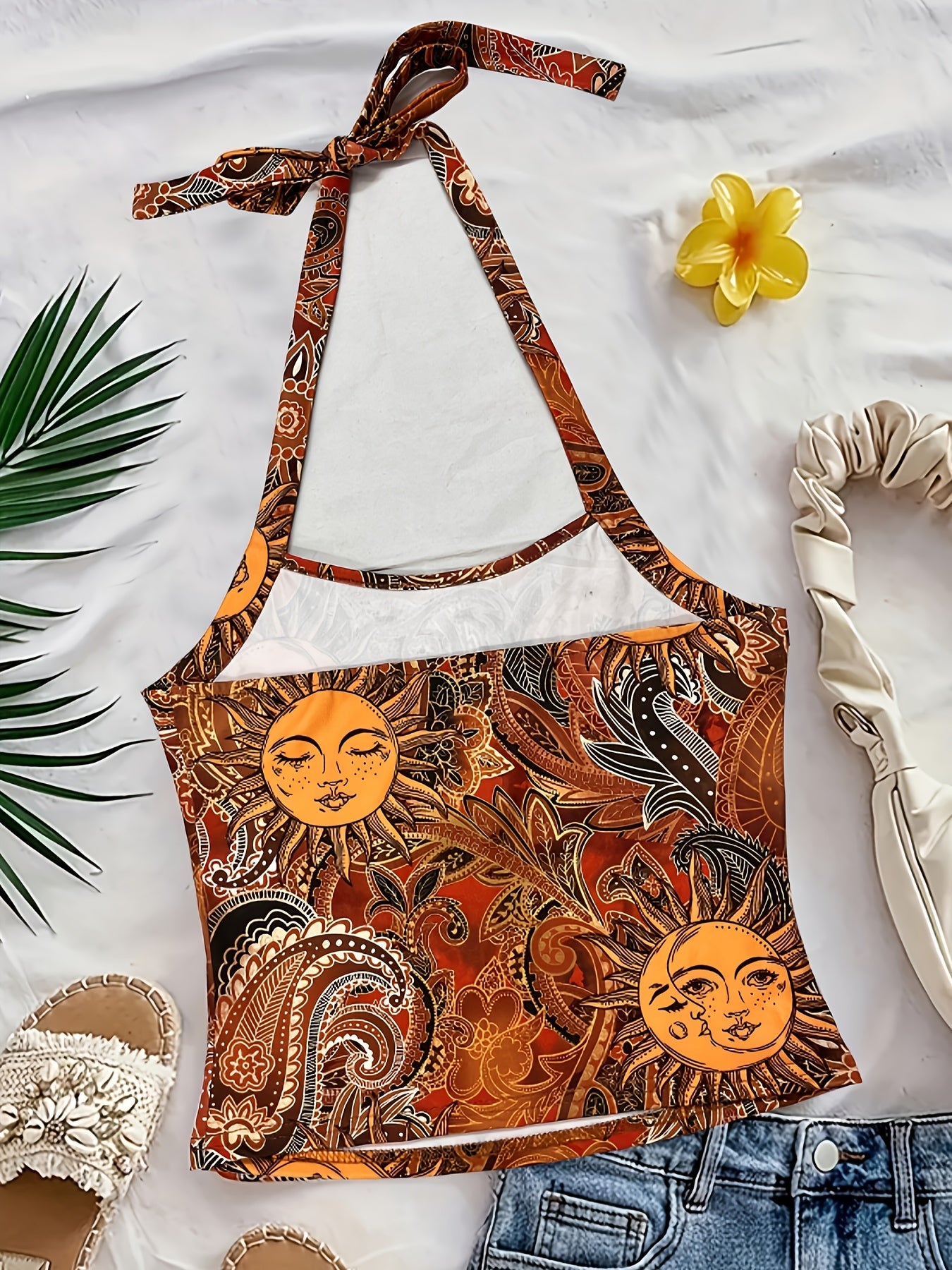 Haut dos nu femme style vintage bohème imprimé soleil et lune pour été