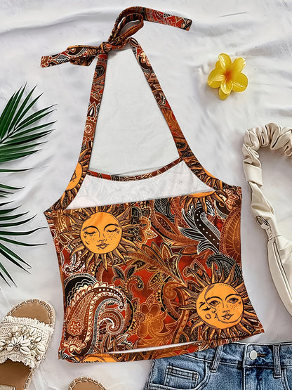 Haut dos nu femme style vintage bohème imprimé soleil et lune pour été