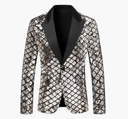 Veste de soirée homme style smoking, motif géométrique brillant, idéale pour fêtes et événements élégants