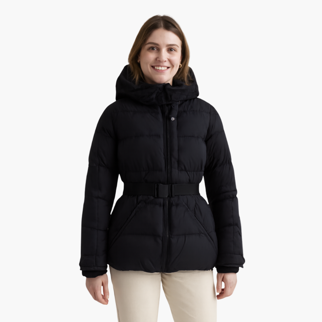 Veste doudoune femme élégante à capuche et ceinture – Style moderne pour l’hiver
