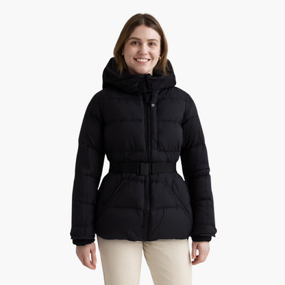 Veste doudoune femme élégante à capuche et ceinture – Style moderne pour l’hiver