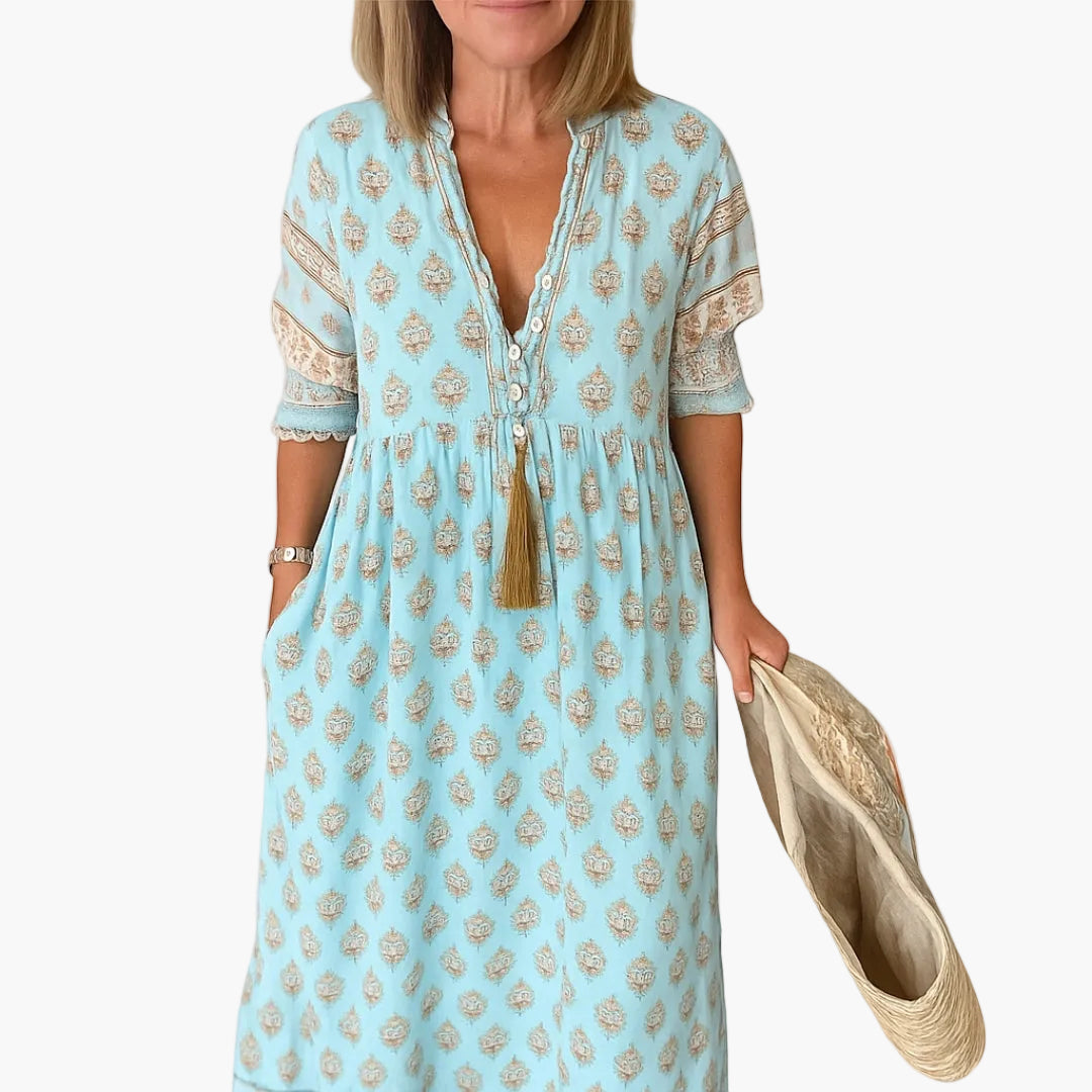 Vestito a mezza lunghezza bohémien da donna, stile informale con stampa e tasche