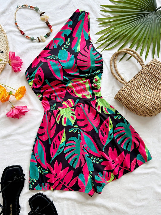 Combinaison Short Femme Une Épaule Style Tropical Été Chic