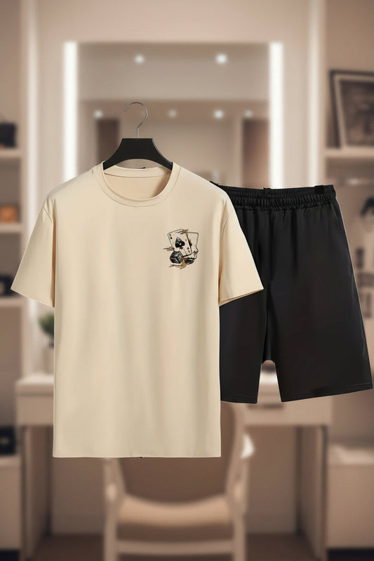 Completo casual uomo – T-shirt con stampa Asso di Picche e pantaloncini, stile moderno, ideale per l'estate