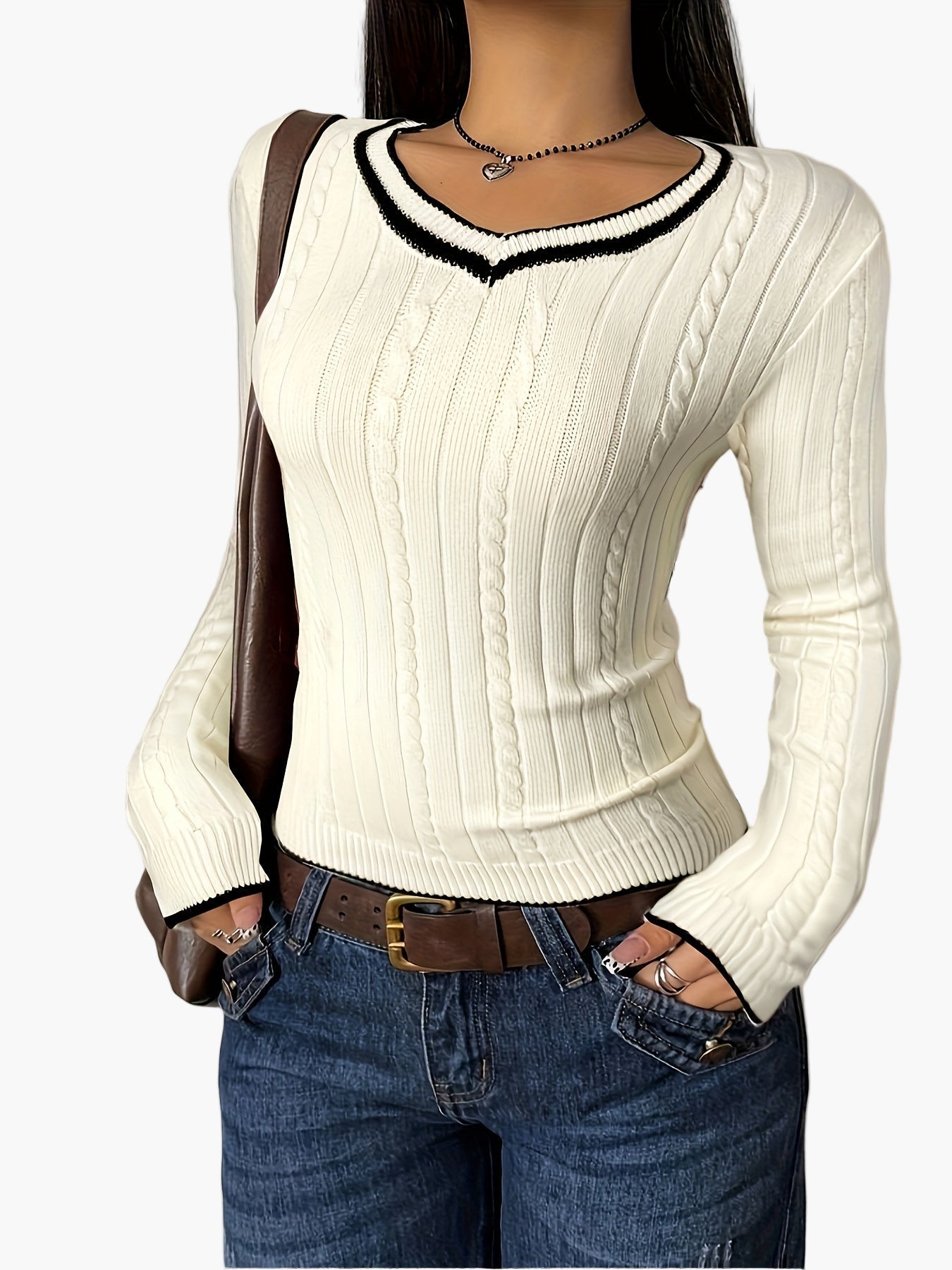 Pull femme col V à effet côtelé style casual chic