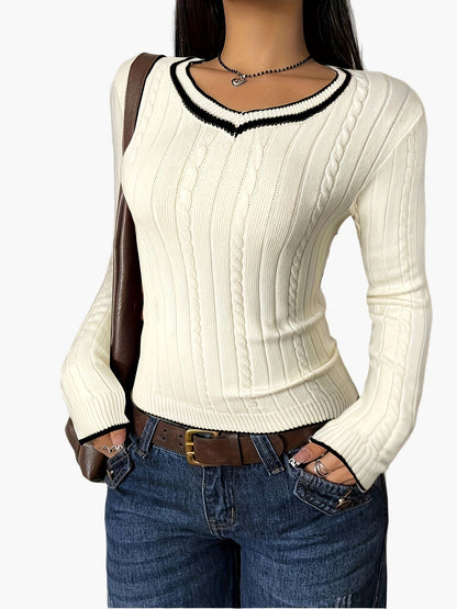 Pull femme col V à effet côtelé style casual chic