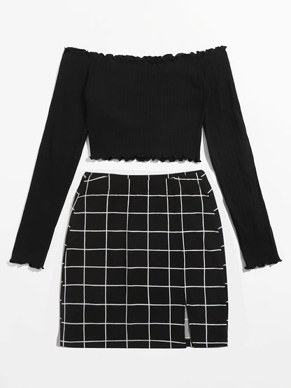 Chic damesensemble met ruitjes en off-shoulder stijl – ideaal voor lente en zomer