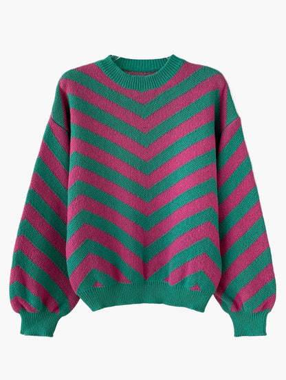 Pull élégant à rayures chevrons pour femme, style automne/hiver, manches longues, coupe décontractée
