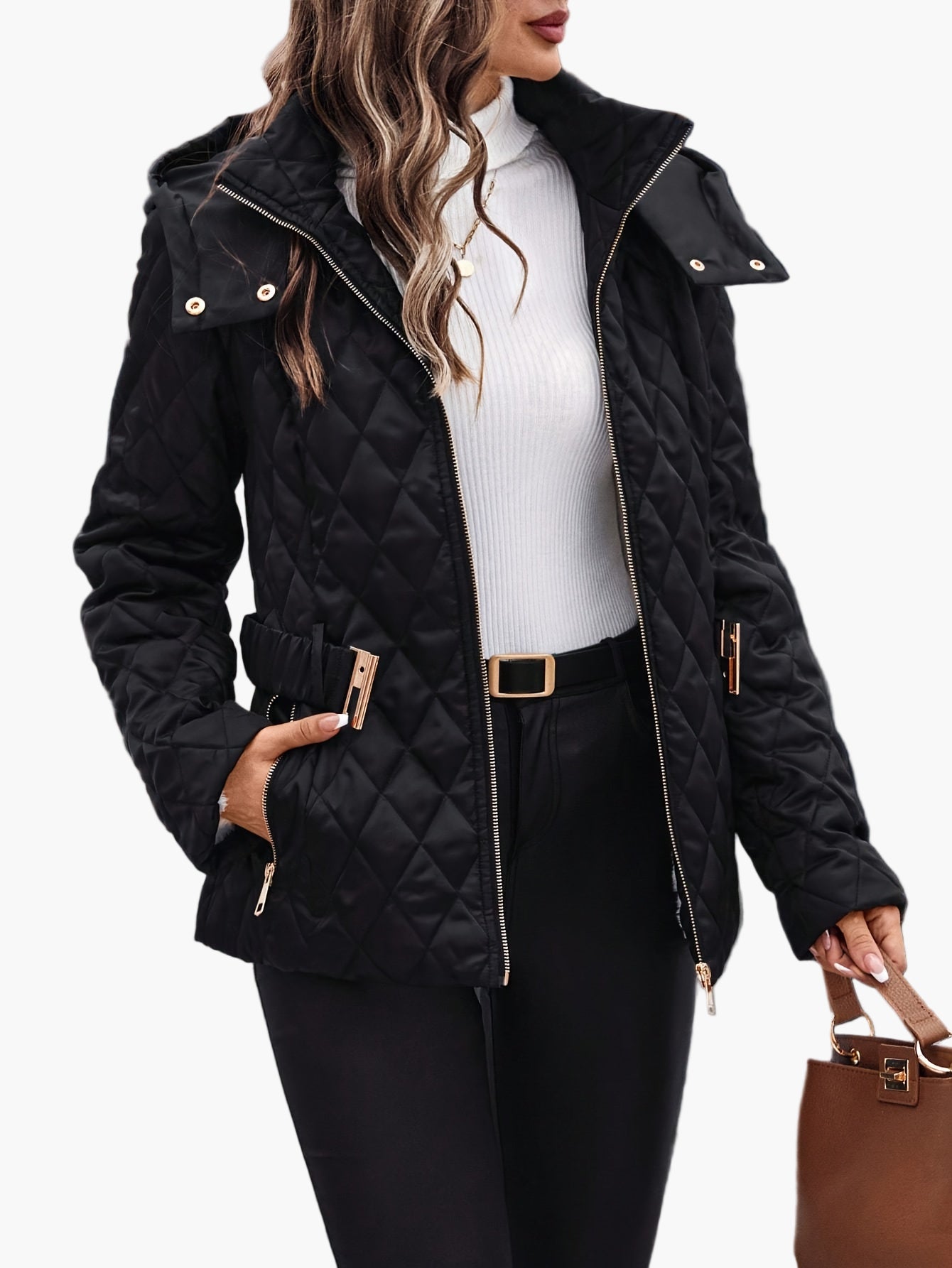 Veste matelassée élégante à capuche pour femme avec ceinture – Style urbain chic