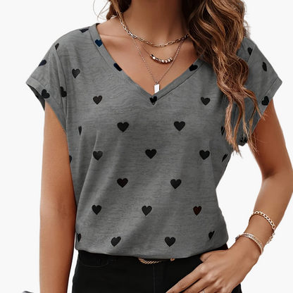 Elegant women's T-shirt with heart print, V-neck, summer chic style