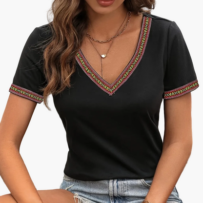 T-shirt décontracté femme col en V style bohème pour printemps et été