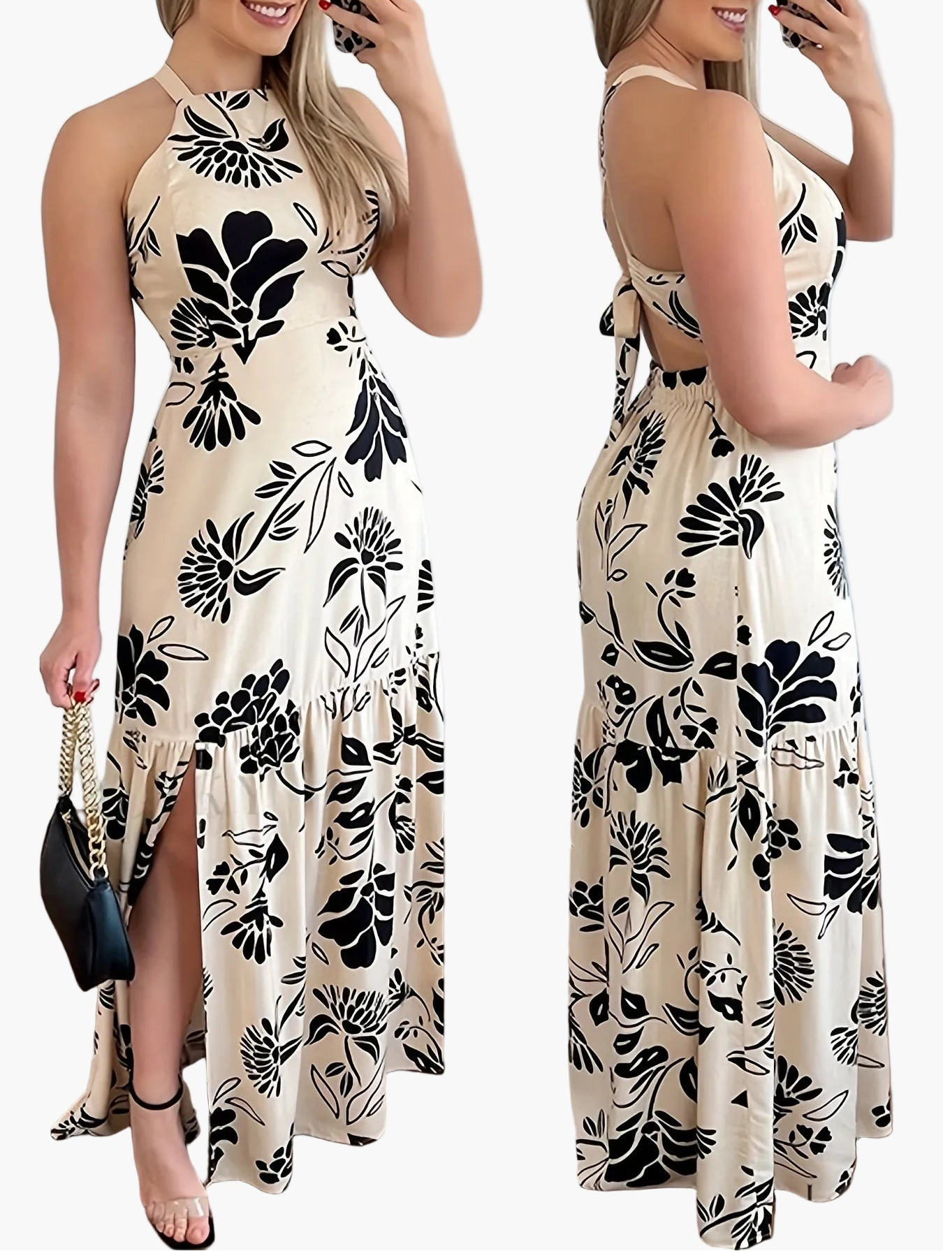 Elegant lang kjole med blomsterprint til kvinder, strandstil, åben ryg, slids, forår/sommer