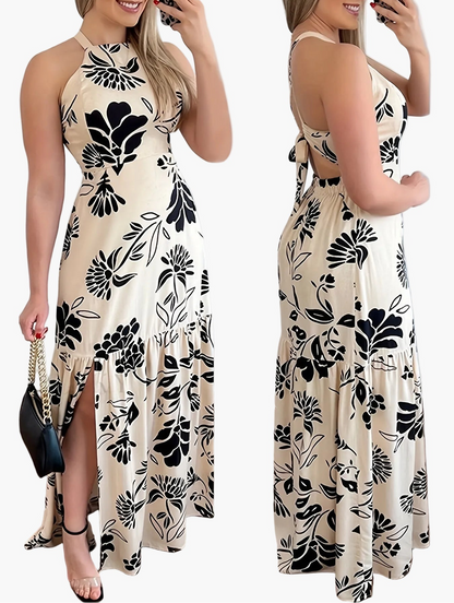 Elegant lang kjole med blomsterprint til kvinder, strandstil, åben ryg, slids, forår/sommer