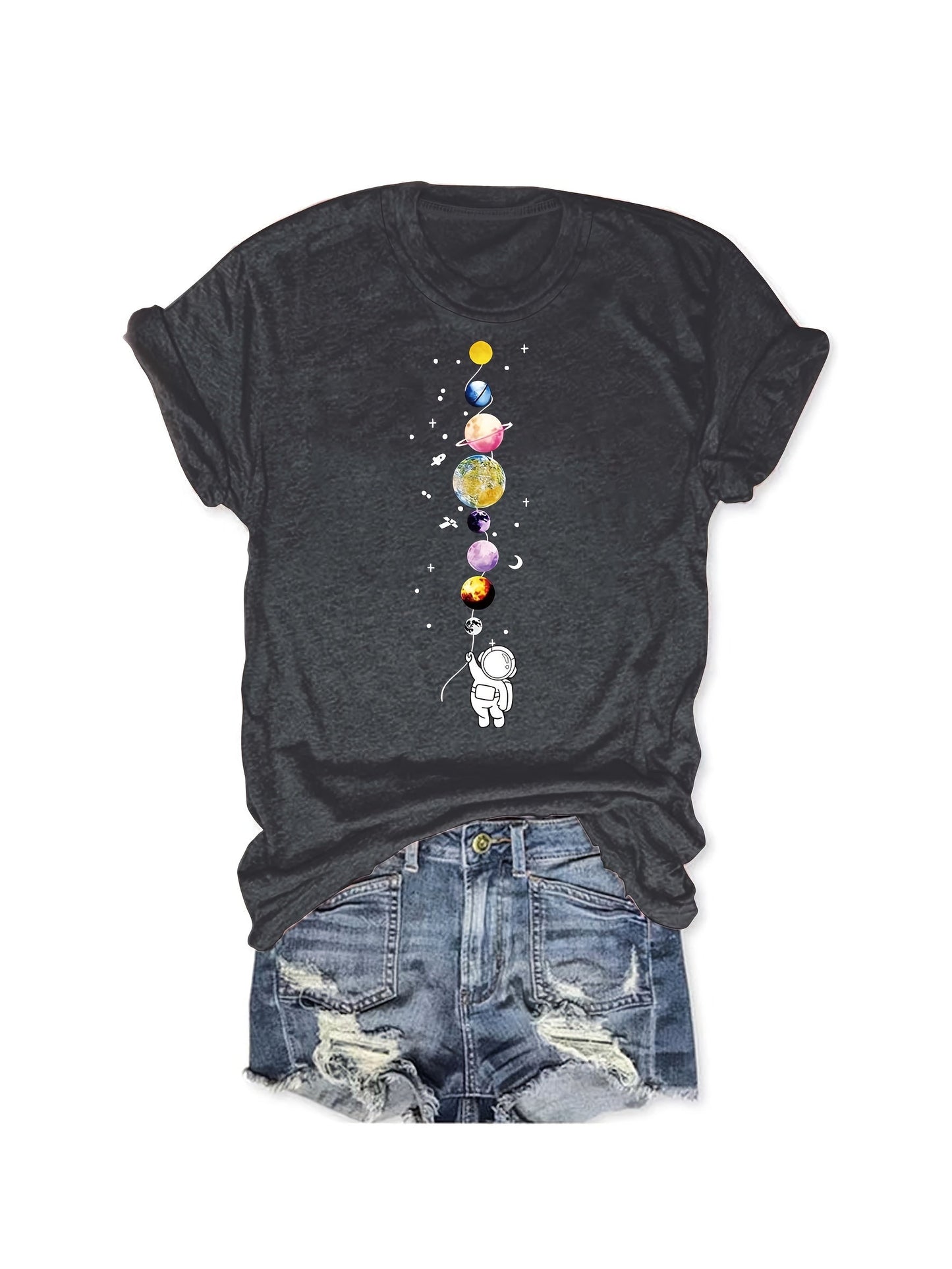 Women's casual style T-shirt with astronaut and planets design, space-inspired, ideal for science enthusiasts and urban fashion fans