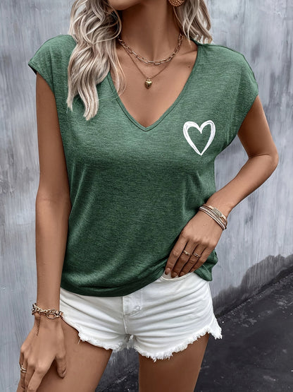 Dames T-shirt met V-hals en hartmotief, zomerse stijl
