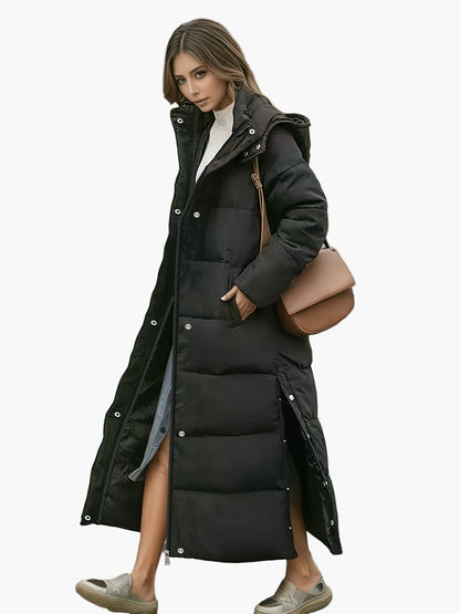 Manteau long matelassé à capuche pour femme, style élégant hiver, usage urbain et décontracté