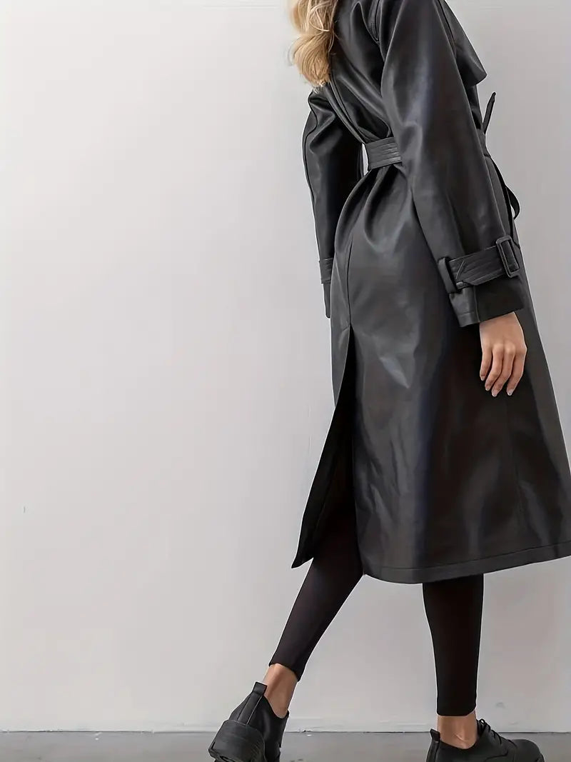 Trench-coat long pour femme - Style élégant à double boutonnage avec ceinture à la taille - Idéal pour l'automne et l'hiver