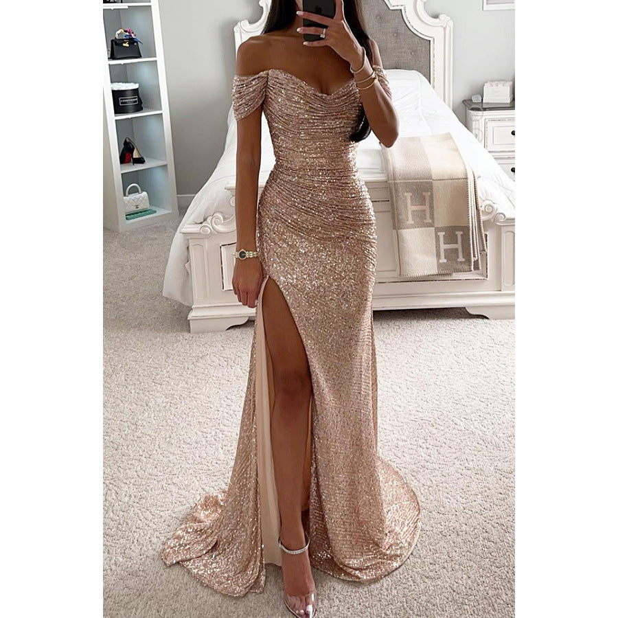 Ruby – Robe Off-Shoulder Pailletée avec Fente