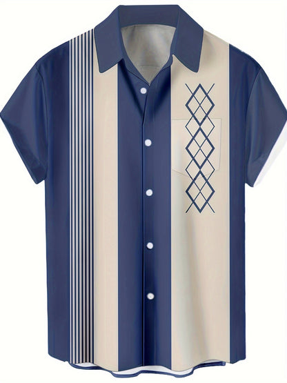 Chemise décontractée homme style bowling à rayures verticales manches courtes