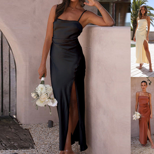 Robe longue élégante à bretelles pour femme – Style fendu chic pour occasions spéciales et été