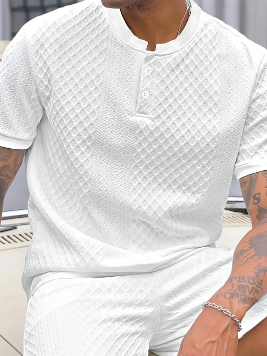 Ensemble décontracté pour homme à motif texturé style Henley – Idéal pour l’été et les sorties urbaines