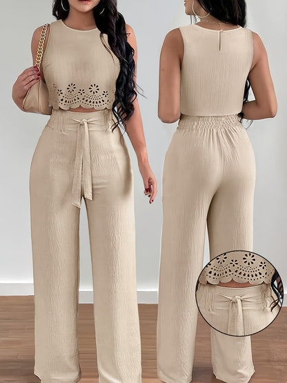 Tweedelig damesensemble elegante stijl met uitgesneden crop top en wijde hoge taille broek voor lente/zomer
