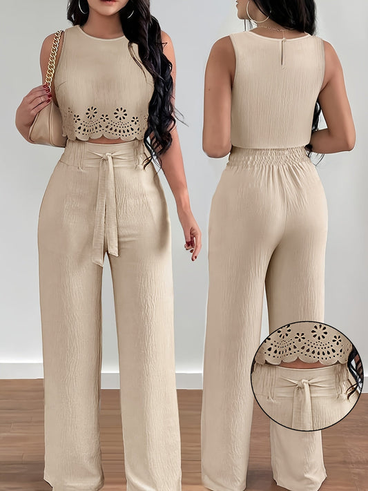 Women's two-piece set elegant style cut-out crop top and high-waisted loose pants for spring/summer
