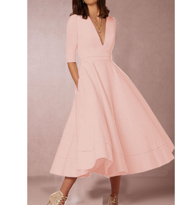 Robe Femme Élégante Midi Style Vintage à Manches Mi-longues pour Mariage ou Soirée