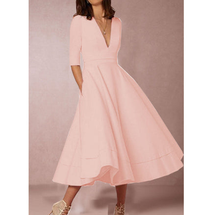 Robe Femme Élégante Midi Style Vintage à Manches Mi-longues pour Mariage ou Soirée