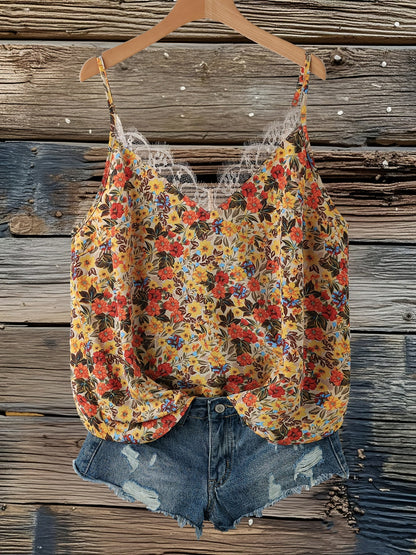 Top donna con spalline sottili, stile bohémien floreale, ideale per estate e vacanze