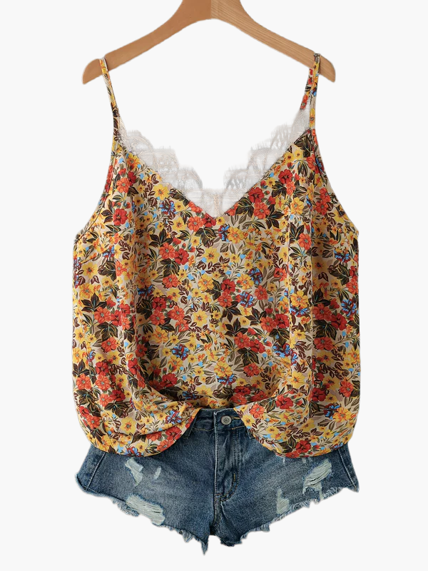 Top donna con spalline sottili, stile bohémien floreale, ideale per estate e vacanze