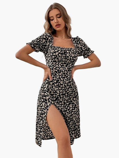 Elegant women's summer dress with floral print, short sleeves, square neckline, chic slit, casual style