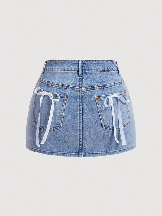 Falda corta de mezclilla con lazos decorativos para mujer, estilo elegante y casual