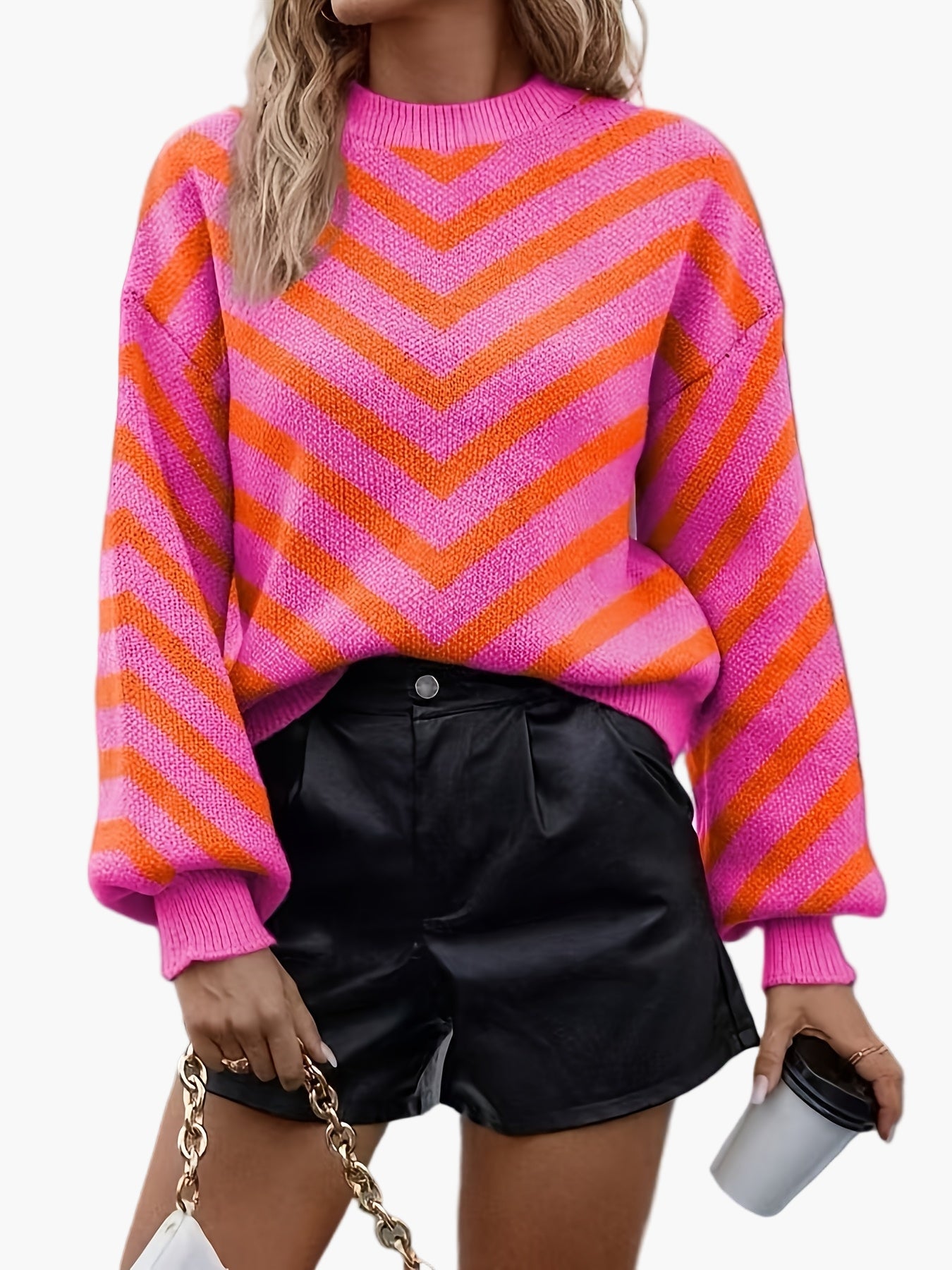 Pull élégant à rayures chevrons pour femme, style automne/hiver, manches longues, coupe décontractée
