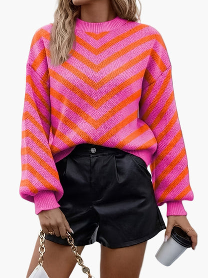 Pull élégant à rayures chevrons pour femme, style automne/hiver, manches longues, coupe décontractée