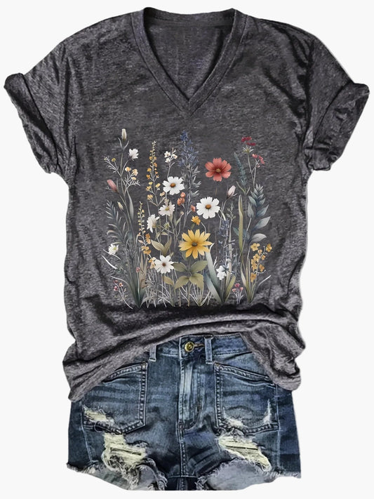 T-shirt décontracté femme à col en V avec imprimé floral bohème pour l'été