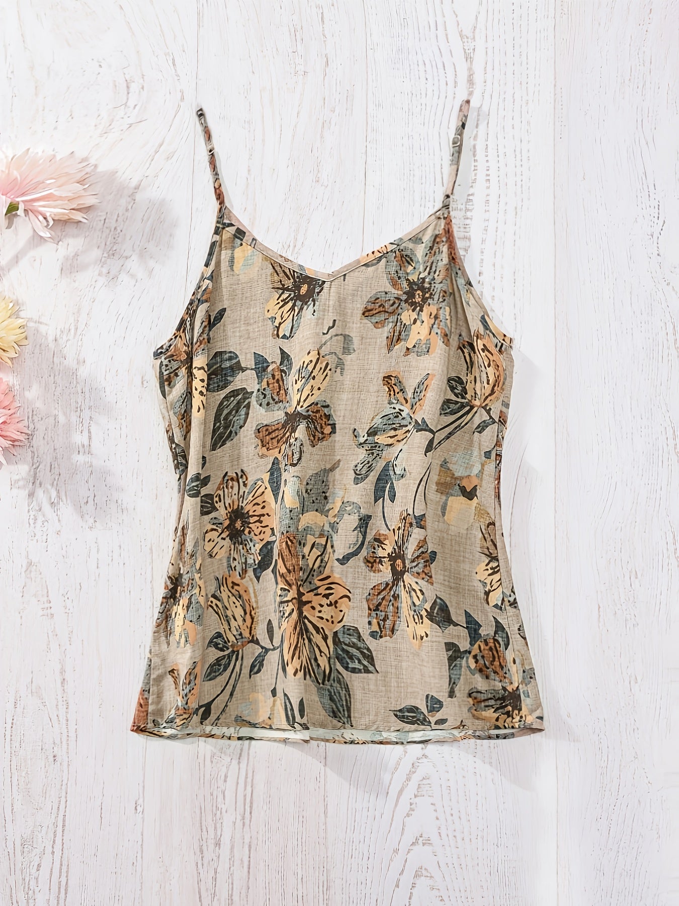 Women's Bohemian Style Tank Top with Thin Straps and Floral Pattern for Summer