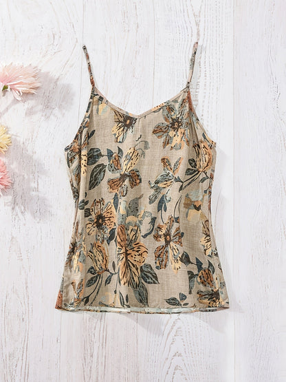 Women's Bohemian Style Tank Top with Thin Straps and Floral Pattern for Summer