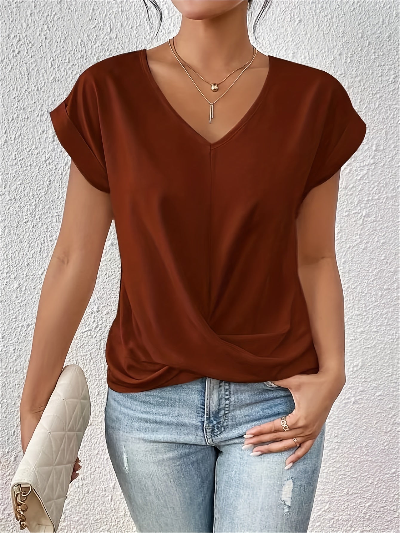 Elegant Women's Blouse Casual Style V-Neck Short Sleeves for Office and Outings