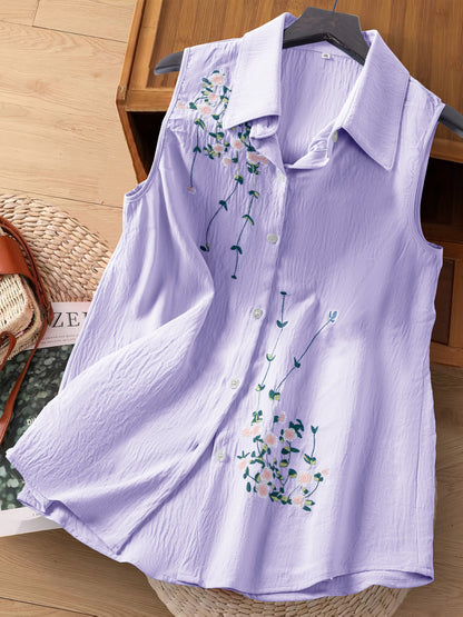 Ærmeløs damebluse i elegant stil med blomsterbroderi - Til daglig brug eller kontor