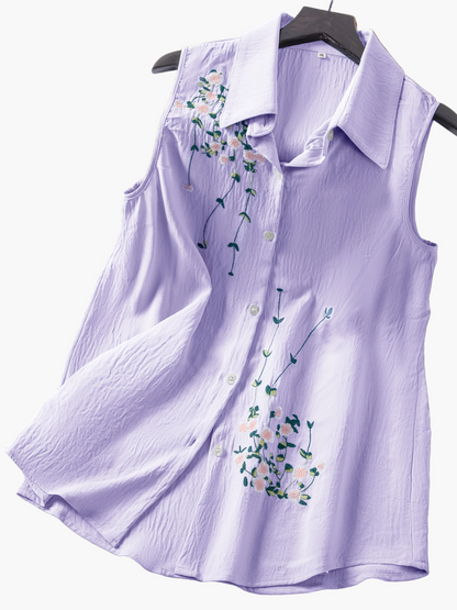 Ærmeløs damebluse i elegant stil med blomsterbroderi - Til daglig brug eller kontor