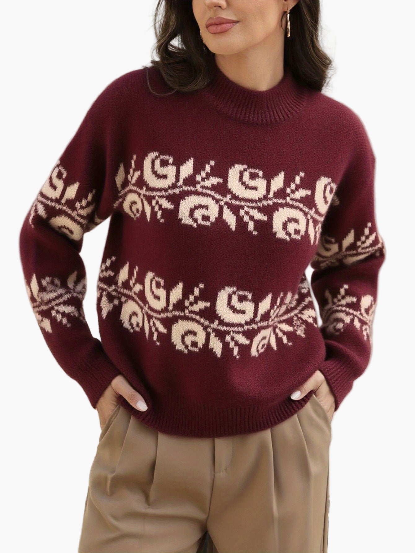 Pull jacquard à fleurs élégantes pour femme, style automne-hiver, manches longues