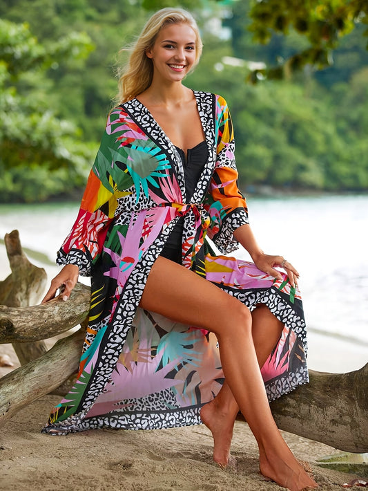 Długie kimono plażowe dla kobiet w tropikalny wzór graficzny i zwierzęcy - idealne na wakacje i nad morze