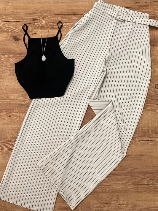 Elegant women's striped set for spring/summer, wide-leg pants and chic crop top
