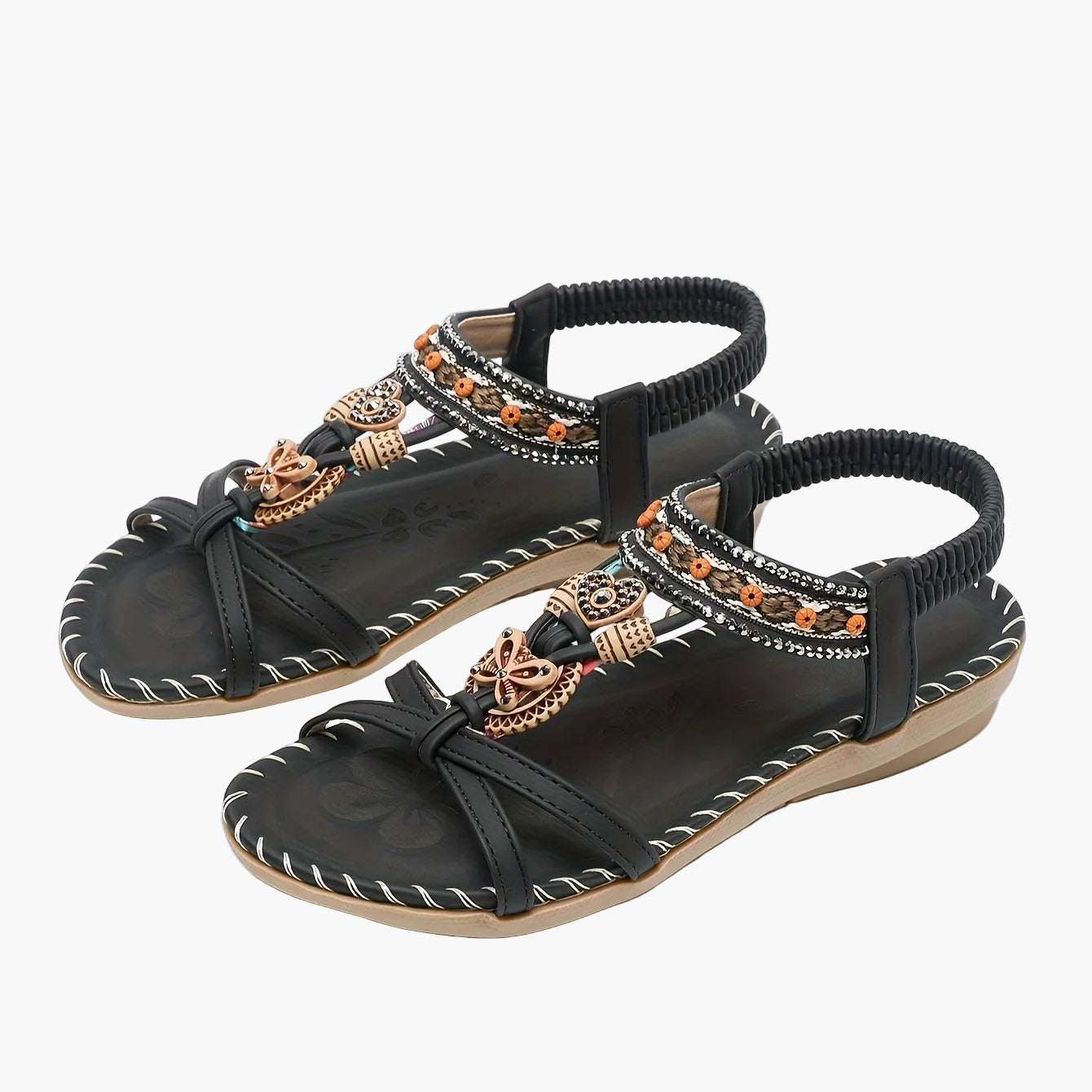 Women's Bohemian Slip-On Sandals with Ornaments and Ankle Strap - Casual Chic Style