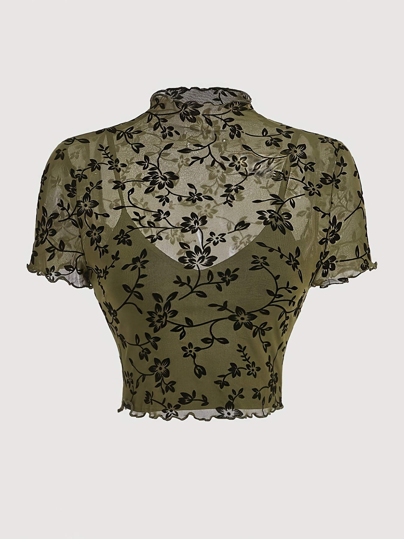 Elegant dame top med blomsterprint, transparent og med høj hals